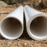 Primer plano de dos tubos de PVC en una obra de construcción, comparando el grosor de la pared del tubo SDR (drenaje) frente al tubo Schedule 40 (presión), con herramientas de fondo.
