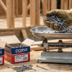 Maestro de obra pesando clavos corrientes CORVI en una balanza para verificar el rendimiento por libra.