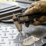 Herrero midiendo con un calibrador digital el espesor de 1/8" (3.17mm) de una Tola Estriada CORVI.