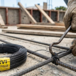 Obrero de construcción con guantes de cuero utilizando un bichiroque para amarrar varillas corrugadas con Alambre Dulce recocido marca CORVI.