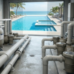 Fotografía técnica y veraz de una instalación terminada de cuarto de máquinas para piscina y jacuzzi de lujo en República Dominicana. Se observa un sistema manifold complejo utilizando tuberías de PVC Schedule 80 (Cédula 80) de CORVI por su alta resistencia química y a ciclos de bombeo, conectando múltiples bombas y un filtro de arena, con vistas de fondo a la piscina infinity y el mar Caribe.