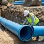 Fotografía veraz de un profesional instalando una tubería de presión PVC azul CORVI SONACA NORDOM ASTM D2241 certificada por INDOCAL, mostrando el acople de junta de goma Rieber en una zanja con lecho de arena compactada para acueductos duraderos.